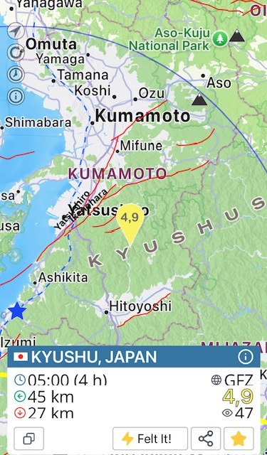 Mapa zemětřesení na Kyushu