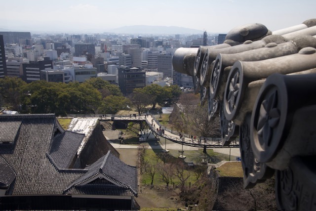 Detail střechy hradu s výhledem na město