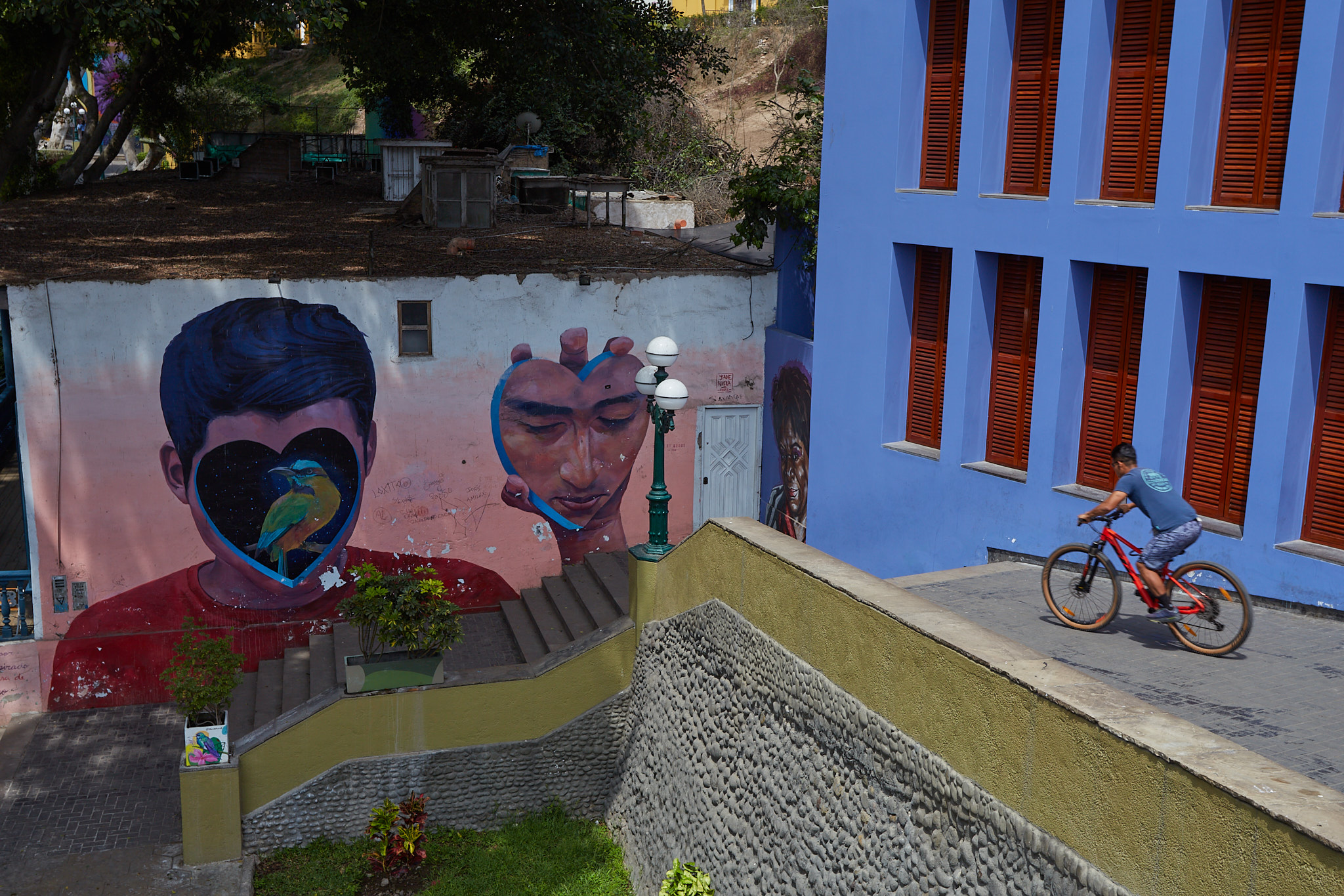 Mural s dvěma tváří chlapců s ptáky a rostlinami uvnitř srdce na modré zdi v Barrancu