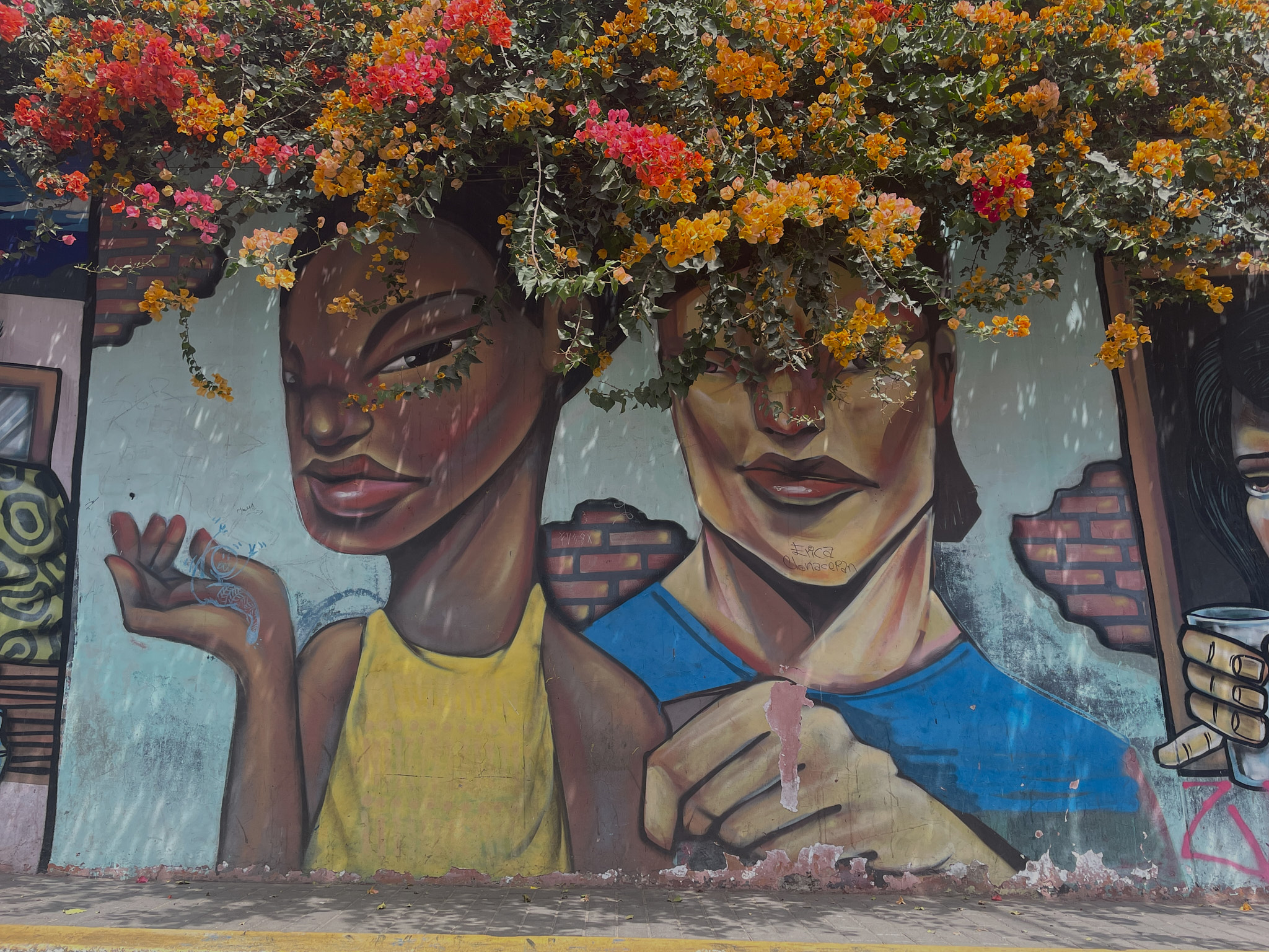 Velký mural s obličeji dvou žen, jejichž vlasy tvoří barevné tropické květy, na zdi v Barrancu