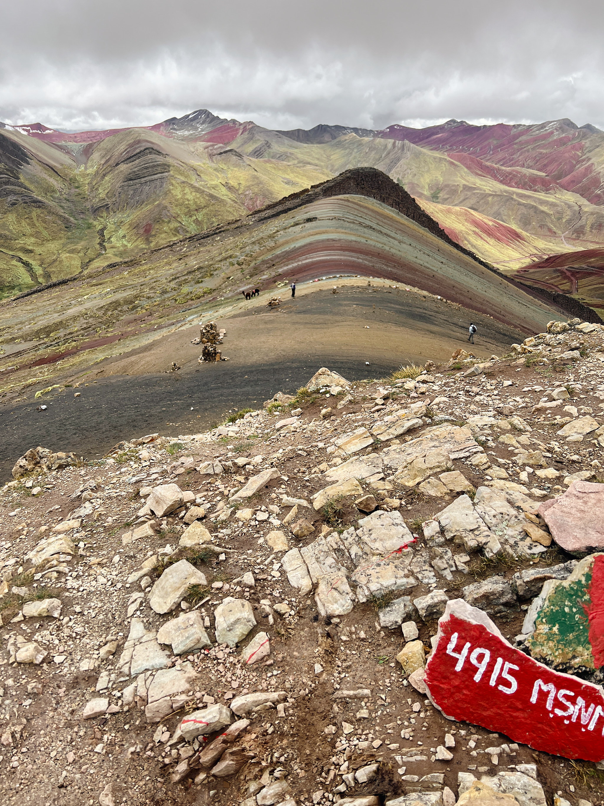 Vrcholová vyhlídka s tabulkou 4915 m n. m. a výhledem na duhové hory