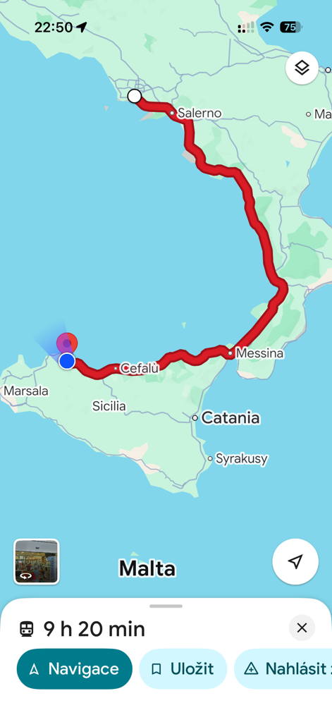 Mapa naší trasy z Neapole do Palerma
